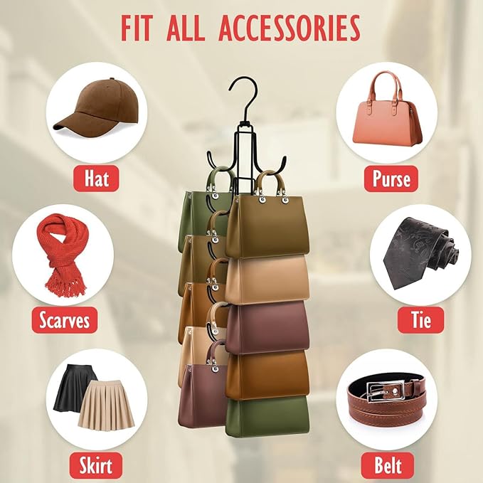 Purse Organizer for Closet, Upgraded Purse Hanger with 10 Big Hooks, 360 Degree Rotation for Better Organizer and Display, Collapsible Space Saving Hangers Rack for Handbag, Scarve, Tie, Black