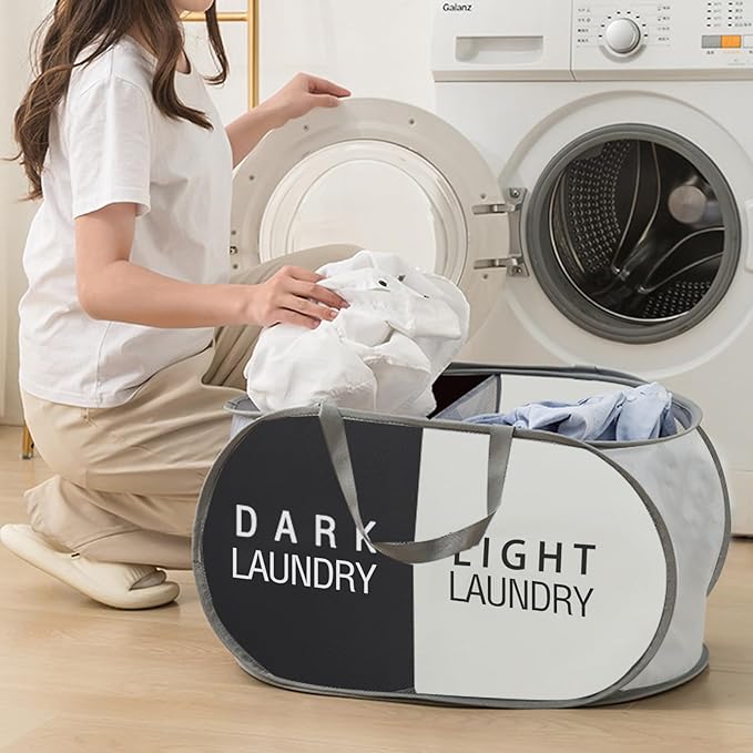 Foldable Pop Up Laundry Hamper, 2 Section Laundry Basket, Dirty Clothes Hampers Sorter Basket for Laundry, Cruise, Bedroom, College Dorms (Black Beige)