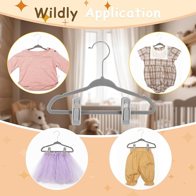 Soaoo 50 Pack Premium Baby Velvet Hangers with Adjustable 100 Clips, Non Slip 11 Inch Slim Kids Closet Organizer for Pants, Dresses & Matching Outfits, Nursery & Toddler Wardrobe (Grey)