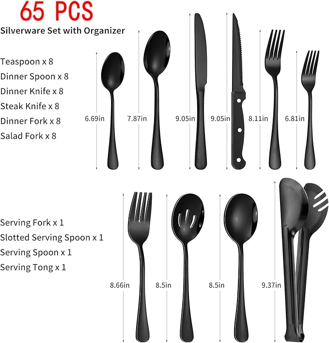 53PCS Silverware Set for 8 with Flatware Drawer Organizer, Stainless Steel Cutlery Set with Steak Knives, Include Spoons and Forks Set & Serving Utensils, Mirror Polished, Black