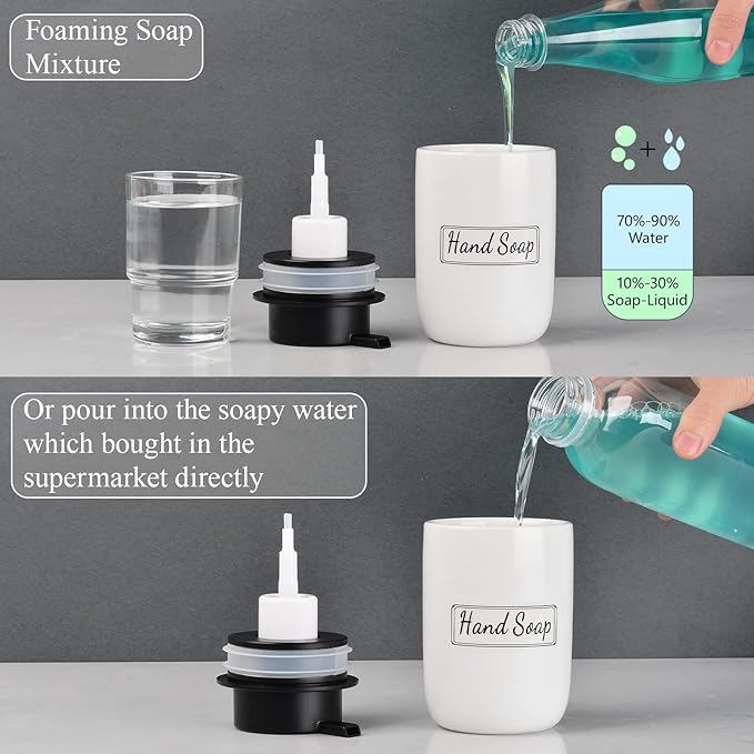 BosilunLife Foaming Soap Dispenser Set - White Ceramic Foam Hand Dispenser 12oz Soap Dispenser Set with Rust Proof Pump, 4Pcs Clear Stickers for Kitchen, Bathroom - 2 Pack