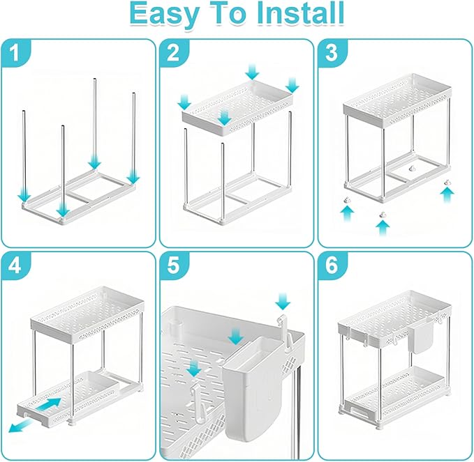 Under Kitchen Sink Organizer, 2-tier Under Sink Organizers and Storage for Kitchen & Bathroom, Multi-Purpose Pull Out Under Cabinet Organizer with Hooks Hanging Cup (White, 2 Pack)