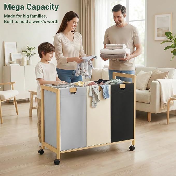 Homykic 250L Laundry Sorter Cart with Wheels, 3-Section Rolling Laundry Basket with Removable Bags, 66 Gal Large Laundry Hamper Organizer, Heavy Duty Bamboo Frame, Water-Resistant, Multicolor