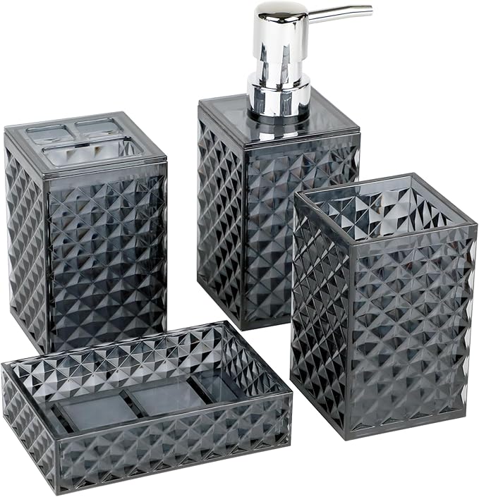 Bathroom Accessories Set, 4 PCS Grey Bathroom Accessory Sets Complete, Diamond Pattern Soap Dispenser and Toothbrush Holder Set,Boho Bathroom Decor, Dark Grey Bathroom Sets Accessories