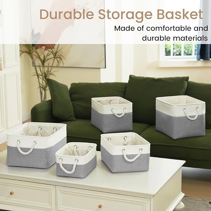 Storage Baskets for Shelves 11.8x7.9x5.2 Inch, Foldable Fabric Storage Bins with Handles, Small Storage Baskets for Organizing Closet, Office, Home Organization (6-Pack, White&Gray)