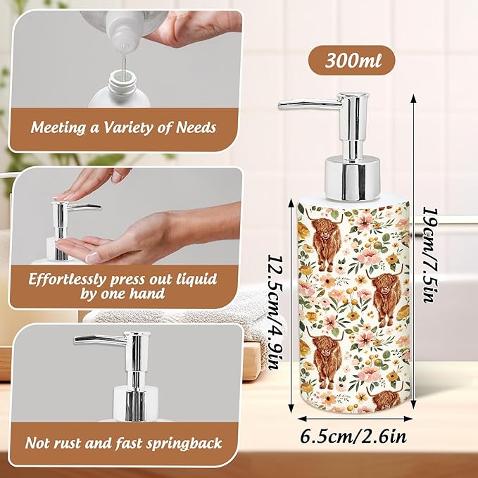Highland Cow Soap Dispenser Refillable Liquid Container Watercolor Boho Floral Cow Glass Soap Dispenser with Pump for Bathroom Kitchen Countertop Decor