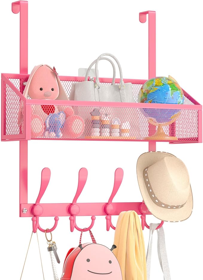 Kaiferty Over The Door Hooks Organizer, Coat Rack Over The Door Storage Hanger Towel Rack, Back of Door Storage Organizer for Bathroom,Bedroom,Kitchen,Office (Pink, 2-Tier)