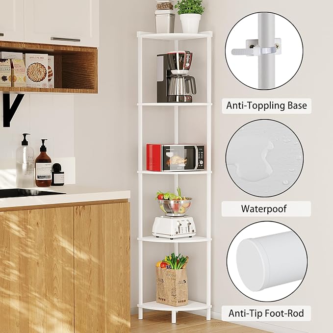 SUNMORY 5 Tier Corner Shelf Stand, Industrial 65" Corner Shelves Display Shelf for Living Room Decor, Wall Corner Bookshelf Multi Unit Organizer, Tall Shelf Plant Stand for Bedroom, Bathroom, White