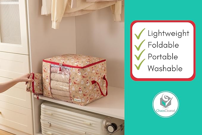 Chaos Cleared Canvas Storage Bags Designer Organizer 2 Pack – Seasonal Storage for Sweaters, Blankets, Linens & Garments – Foldable Design with Zip & Window, Moth-Proof Space Saver, Snowman Print