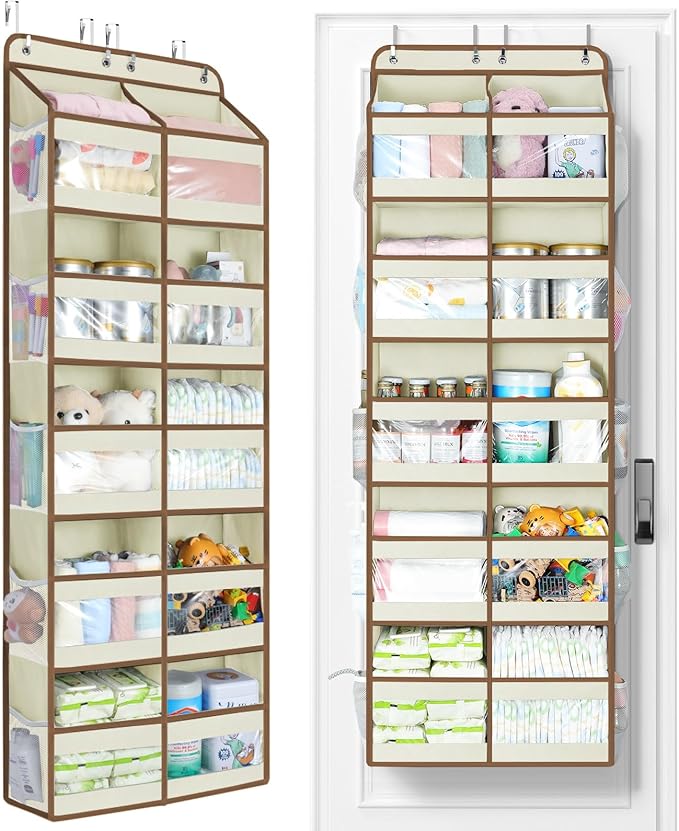 Yecaye 5-Tier Over The Door Organizer Dual-Column, 80lbs Load Over The Door Storage of 10 Compartments, Heavy Duty Door Organizer Hanging for Bedroom Closet Nursery Bathroom Pantry, Beige, 2 Pack