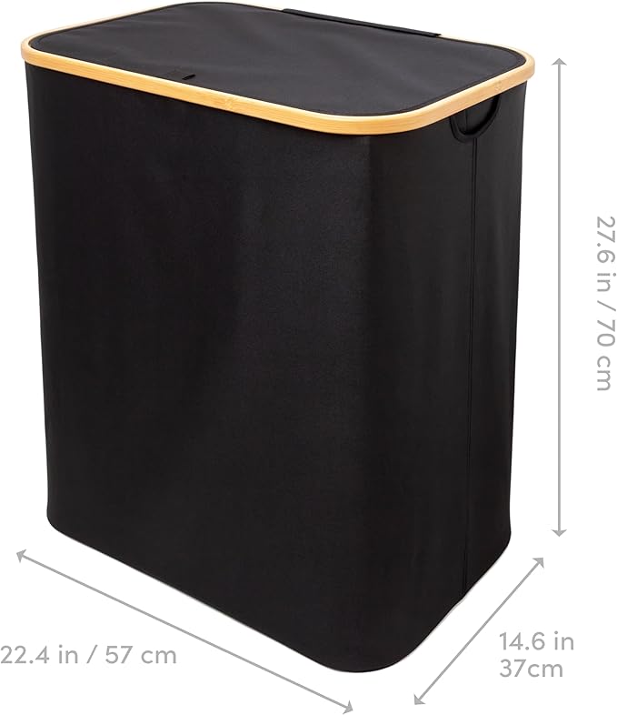 QUALIAZERO 120L Dual Laundry Hamper with Lid – 2-Section Bamboo Frame Hamper with Removable Bags & Easy-Lift Cover, Large Capacity for Families, Bathroom or Bedroom (ONYX BLACK, DUAL)