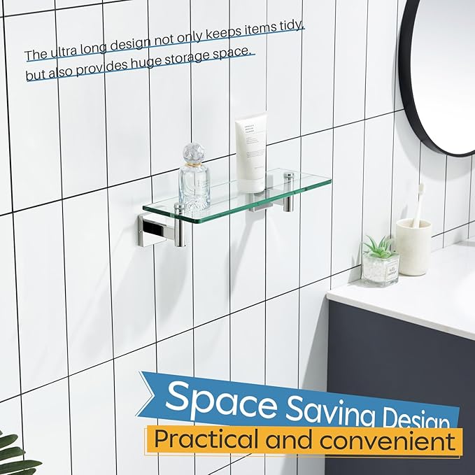 KOKOSIRI Bathroom Shelves Wall Mounted Floating Glass Shelf Polished Stainless Steel 12-Inch Hanging Rack for Storage/Room Decor 2 Pack B1105CH-L12-P2