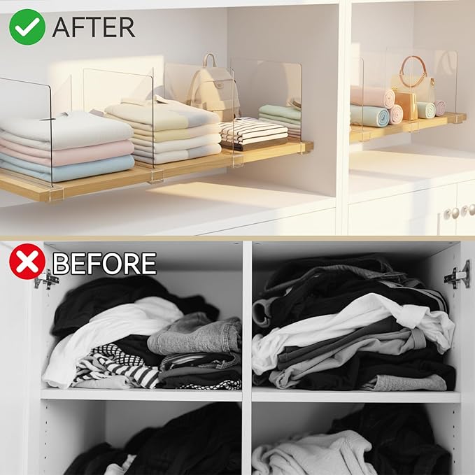 Ninonly 8 Pack Acrylic Shelf Dividers, Vertical Clear Closet Organizers and Storage for Sweaters, Shirts, Handbags, Bookshelf & Pantry Organization, Multi-Purpose Shelf Organizer for Bedroom Kitchen