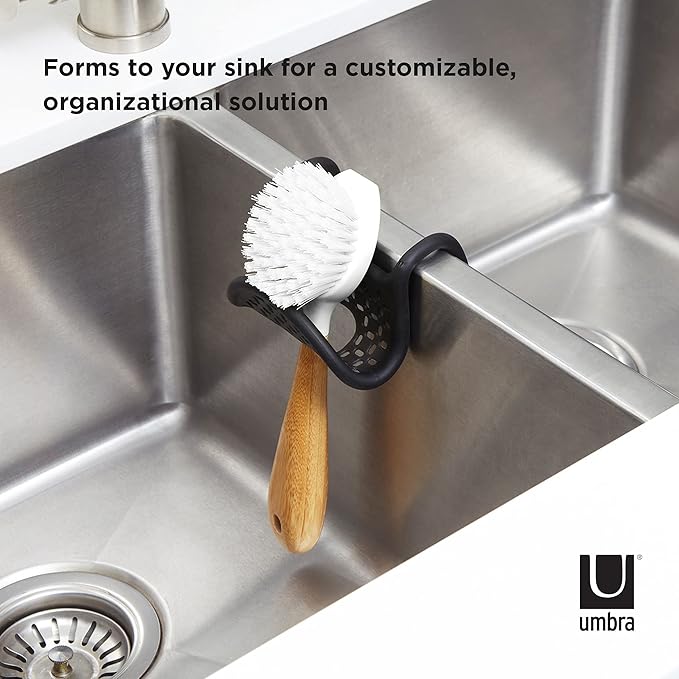 Umbra Sling Kitchen Sink Caddy Sponge Holder, Hangs Over Faucet or Divider, Single, Black