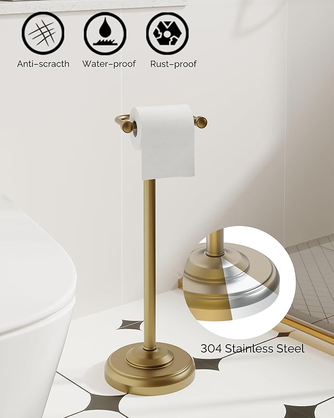 WZKALY Toilet Paper Holder Stand, Brushed Brass Toilet Paper Holder Free Standing, Post Pivoting Design & Stable Weighted Base SUS304 Stainless Steel for Bathroom(Mega Roll)