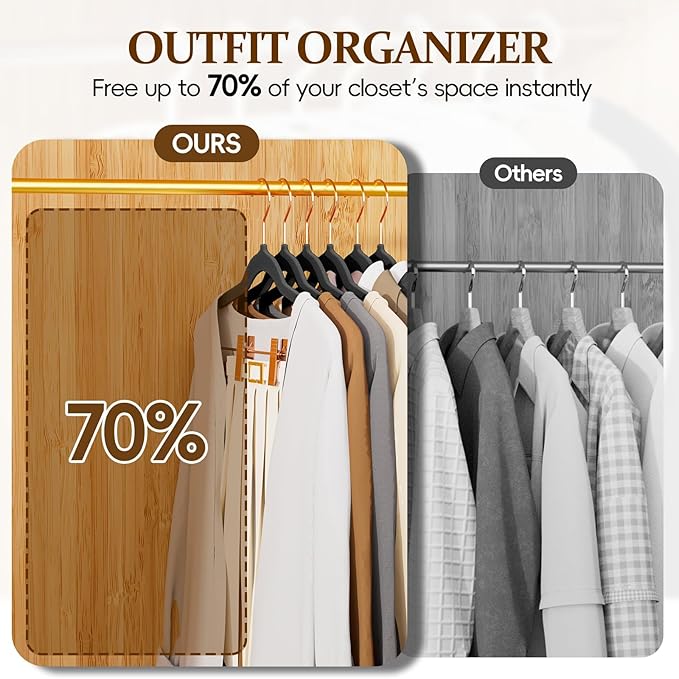 Velvet Hangers with Adjustable Clips 25 Pack, Space Saving, Non-Slip Slim Felt Clothes Hangers for Pants, Skirts, Dress, Suits, Heavy Duty Rose Gold Metal Hanger with 360° Swivel Hook (Black)