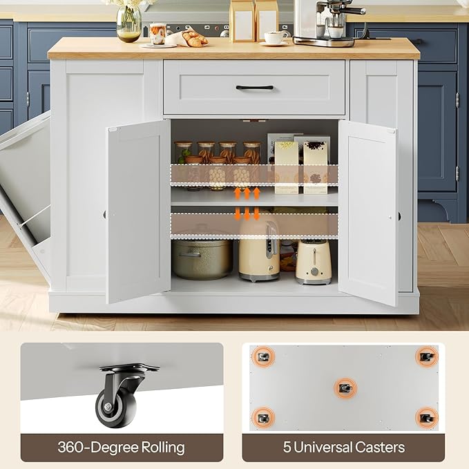 HOOBRO Kitchen Island with Trash Can Storage, Rolling Kitchen Island Cart with & Power Outlet, Island Table with Spice Rack & Drawer, for Kitchen, White and Natural WN20UZD01