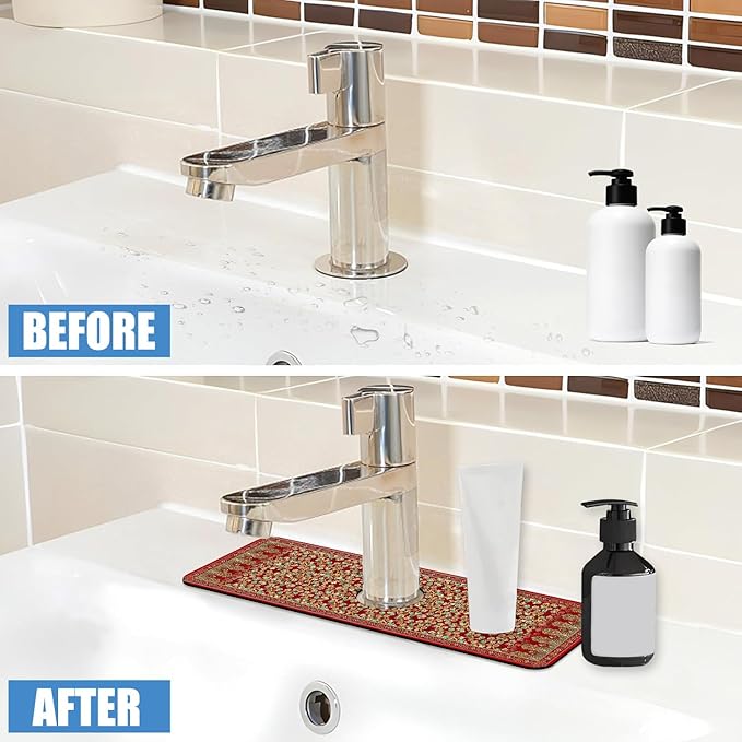 Sink Splash Guard Faucet Mat Red Retro Boho Flowers Absorbent Fast Drying Mat Sink Gadgets Splash Guard Behind Faucet Drip Catcher for Kitchen Bathroom 15.5"X5.5"