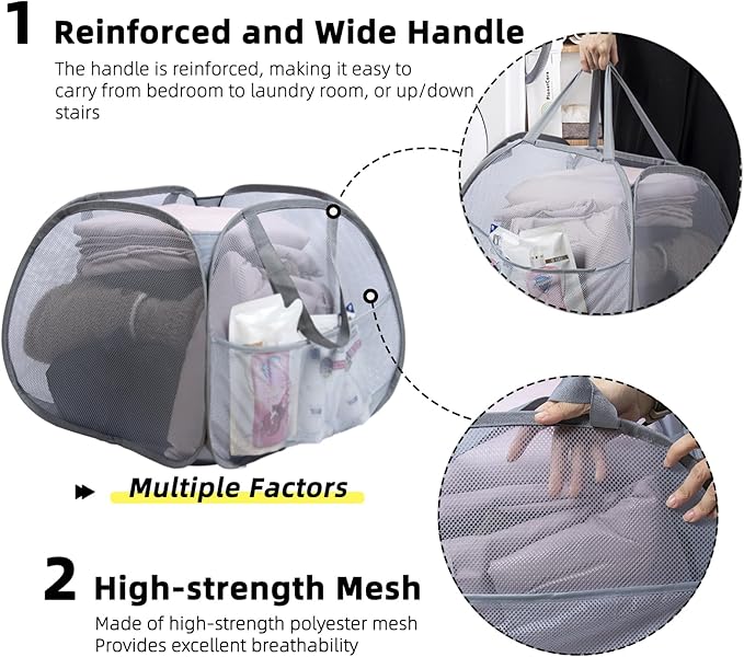 Collapsible Laundry Basket, 90L Foldable Pop-up Laundry Hamper with Handles, Square Mesh Dirty Clothes Hamper for Laundry, Bathroom, Kids Room, Dorm,Travel or Camping (Gray)