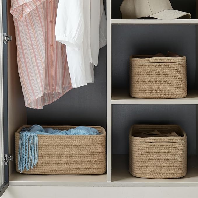 3-Pack Storage Baskets for Organizing | Woven Shelf Toy Basket | Rope Baskets for Gifts Empty | Closet Organizer Bins with Handles | Cube Decorative Box | 11.8×7.8×5.1” | Brown