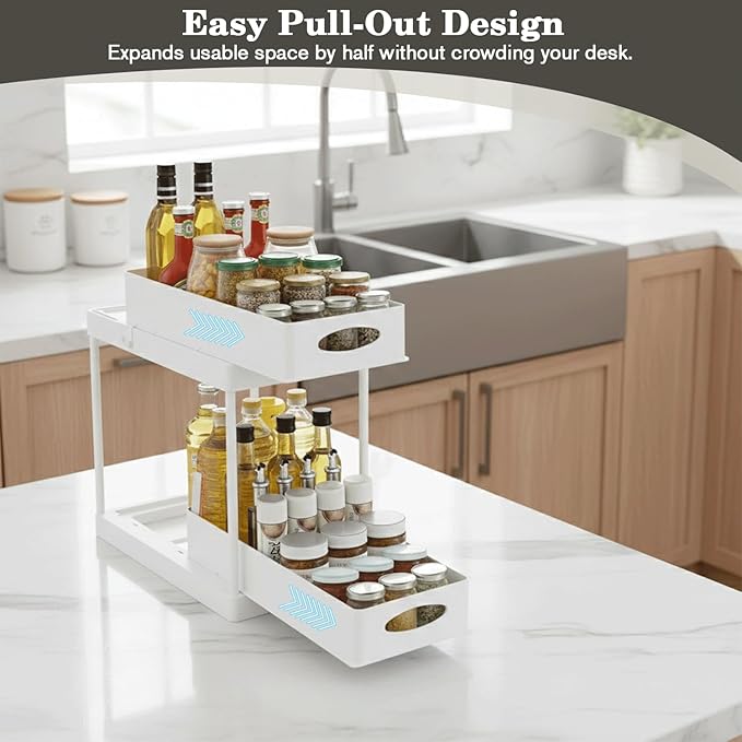 2 Pack Under Sink Organizer, Pull-Out Cabinet Storage Organizers for Bathroom & Kitchen, Multi-Purpose Under Counter Shelf Rack for Cleaning Supplies, Bottles & Toiletries, Cabinet Organizer (White)