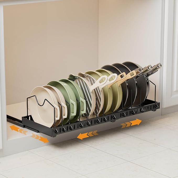 Pull-out Pots and Pans Organizer Under Cabinet - 1 Pack Expandable Pot and Pan Organizer Rack with 12 Adjustable Dividers for Pot, Cutting Board, Dishes, Lid, Baking Tray