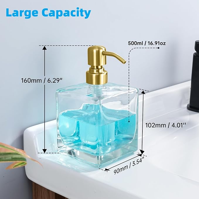 Square Bathroom Soap Dispenser Brushed Gold, 16 oz Glass Bottles with Stainless Steel Pump Retangle Cube Liquid Large Capacity Soap Dispenser Kitchen