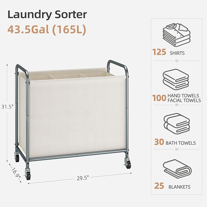 STORAGE MANIAC Rolling Laundry Hamper, 165L Laundry Basket with Lockable Wheels, Triple Clothes Sorter Cart, 3 Bag Clothes Separator Hamper for Closet, Bathroom, Laundrys Room, 3 Section Beige
