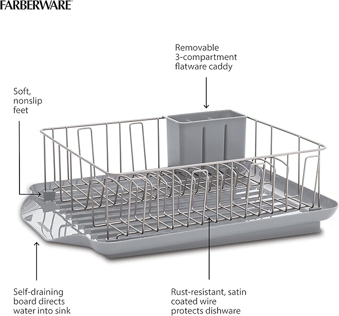 Farberware 3-Piece Large Capacity Dish Drying Rack Set with Drainboard and Utensil Holder, Rust-Resistant Kitchen Counter Dish Drainer