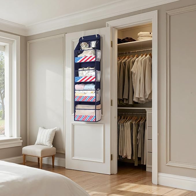 Yecaye 5 Tier Over the Door Organizer, Swing-proof Door Organizer Hanging with Clear PVC Windows, Behind the Door Storage for Bedroom Nursery Closet Laundry Pantry Bathroom, Navy Blue