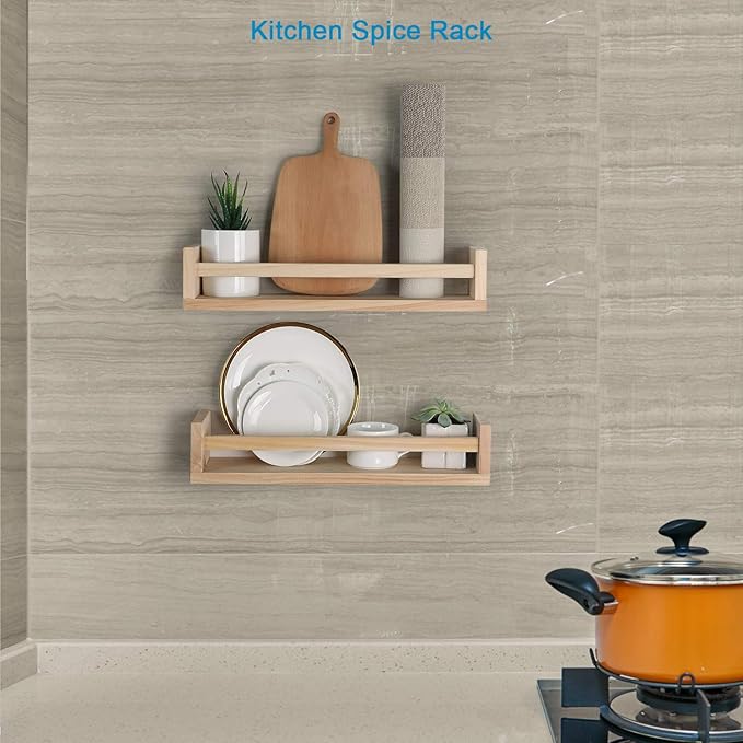 Nursery Book Shelves, Set of 2 Wood Floating Book Shelves for Kids Room, Kitchen Spice Rack, or Rustic Wall Mounted Shelves for Farmhouse Bathroom Décor (Natural Wood)