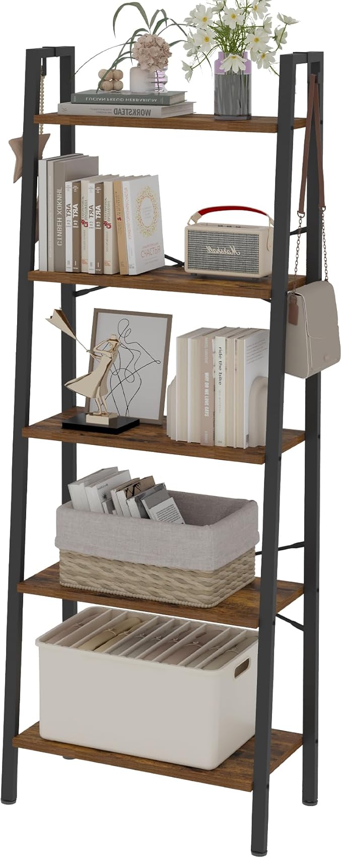 Ladder Shelf, Bookshelf Bookcase, Freestanding Corner Storage Shelve with 2 Hooks for Home Office, Living Room, Kitchen, Bedroom, Industrial, 11.8" D x 23.6" W x 63" H, Rustic Brown BC19301B