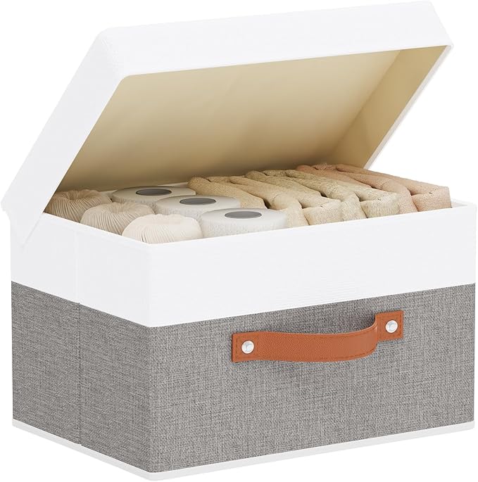 YheenLf Fabric Storage Bin, Storage Basket with Lids, Closet Organizer Box with Handles for Shoes Books Towels, White and Grey, 1 Pack, 13 x 9.1 x 7.9 Inch