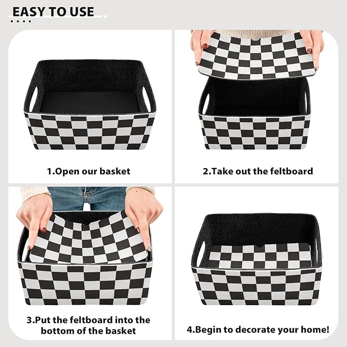 Checkered Black Closet Storage Bins 2 Pcs Felt Open Home Storage Containers Organizer with Handles Collapsible Shelf Basket for Home Office Craft Room Classroom Fabric