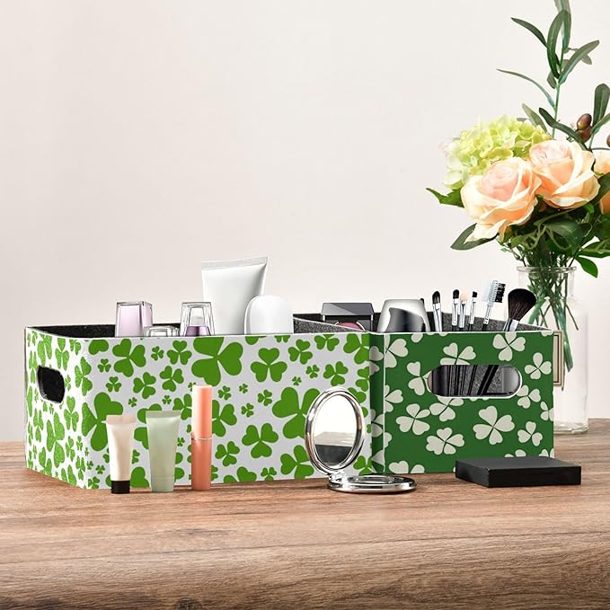 Green Saint Patrick Clover Leaves Closet Storage Bins 2 Pcs Felt Open Home Storage Containers Organizer with Handles Collapsible Shelf Basket for Home Office Craft Room Classroom Fabric