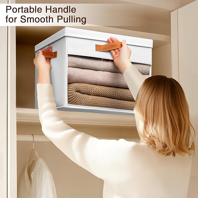 Large Storage Bins with Lids - 6 Pack Foldable Decorative Organizers with Clear Windows & Handles, Cube Storage Organizers for Clothes, Blankets, Sweaters, CD, White
