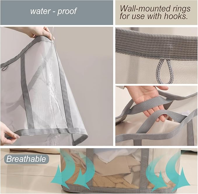Mesh Bag with Handles, Collapsible Laundry Basket, Foldable Laundry Bag, Breathable Folding Beach Bag,Space-saving Travel Tote Bags (2, Pink)