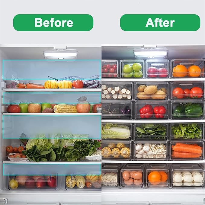 YekouMax Fridge Drawer Organizer - 2 Pcs Pull-Out Cabinet Storage Containers For Fridge, Freezer, Pantry Organizer for Kitchen Storage & Organization Sets, 11.81" Long