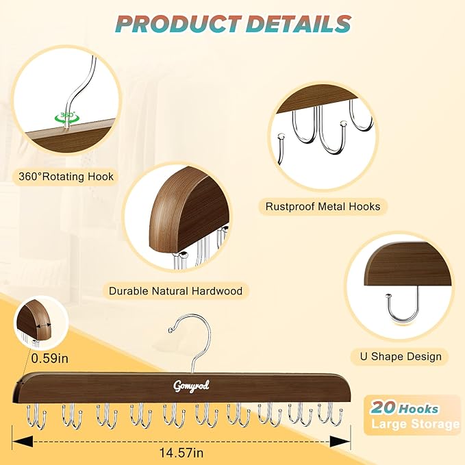 Bra Hanger for Closet, 1 Pack Tank Top Hanger w/20 Hooks Capacity Foldable Wood Space Saving Hangers, 360°Rotating Closet Organizers and Storage for Dorm & Apartment for Bra Scarf Ties(Brown)