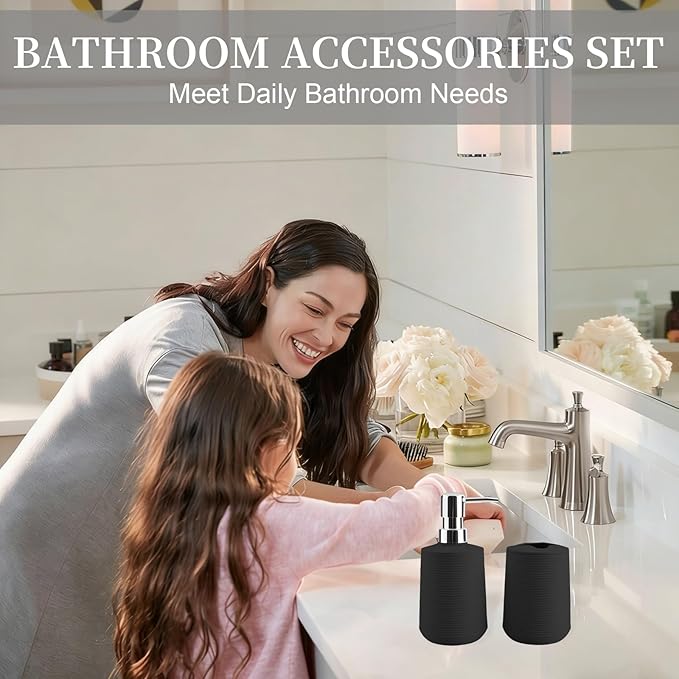 Bathroom Accessories Set 2 Piece, Matte Black Bathroom Accessories with Soap Dispenser and Toothbrush Holder, Striped Pattern Bathroom Set for Modern Bathroom Decor