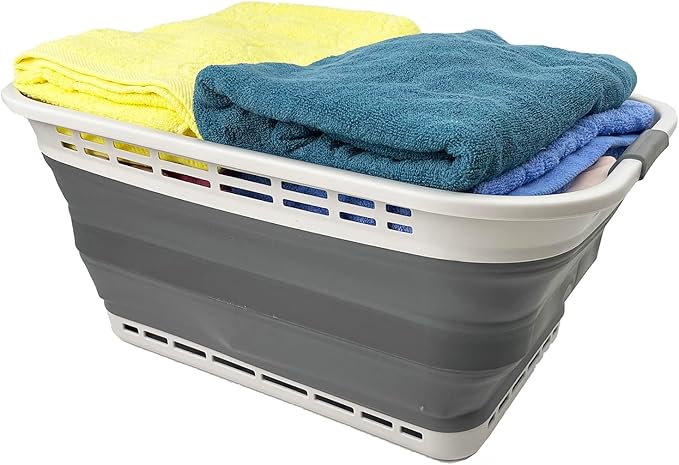 SAMMART 42L (11 Gallons) Collapsible Plastic Laundry Basket - Foldable Pop Up Storage Container/Organizer - Portable Washing Tub - Space Saving Hamper/Basket [BPA Free] (Grey/Steel Grey)