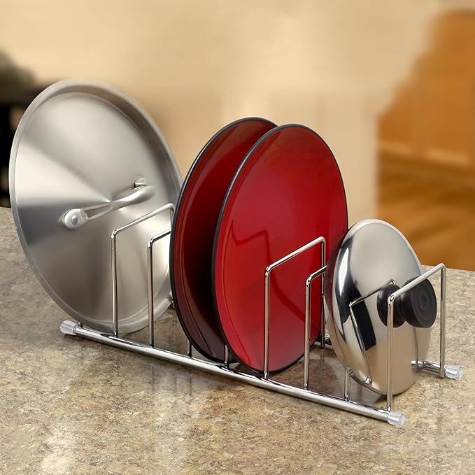 FitWell Kitchen Bakeware Organizer,Plate Racks,Rack for Plastic Lids,Cutting Boards,Cookie Sheets,Pots & Pans Holder,Compact Kitchen Storage,Cabinet Organizer (Chrome)