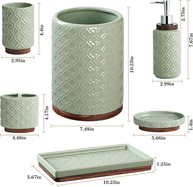 Bathroom Accessories Set Green 6 Pieces Toothbrush Holder Soap Dispenser Ceramic Bathroom Accessory Set Contain Toothbrush Cup Soap Dish Tumbler