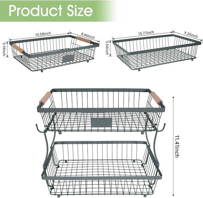 Fruit Basket Bowl 2 Tier Detachable with 2 Banana Hangers, Fruit Stand Holder for Kitchen Countertop, Metal Wire Vegetable Storage Organizer, for Bread Snack Veggies Produce, gray
