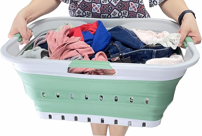 SAMMART 42L (11 gallon) Collapsible Plastic Laundry Basket - Foldable Pop Up Storage Container/Organizer - Portable Basket - Space Saving Hamper/Basket (Grey/Dark Sea Green (Set of 2))