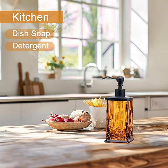 10Oz Amber Glass Soap Dispenser with Matte Black Pump,Lead-Free Thick-Cut Glass,Countertop Soap Dispensers for Bathroom & Kitchen,Square