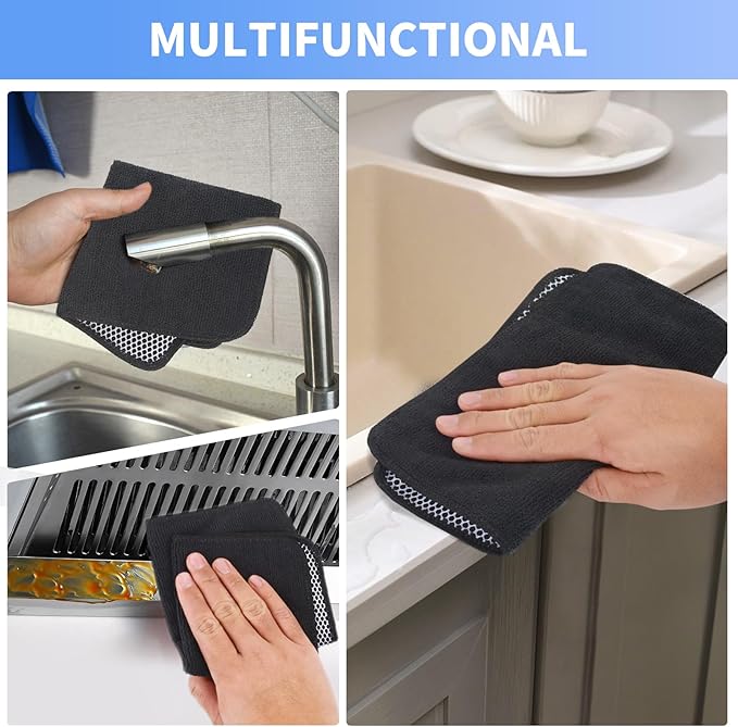 KinHwa Kitchen Washcloths for Dishes Absorbent Microfiber Dish Cloths Quick Dry Dish Rags with Poly Scour Scrub Side Ideal for Kitchen Cleaning (Black, 9inchx9inch 9 Pack)