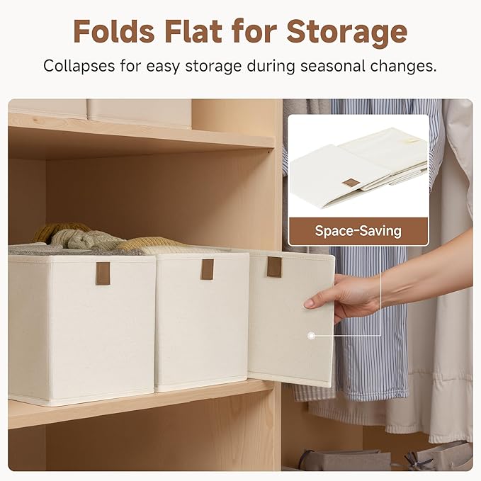 StorageWorks Narrow Storage Baskets for Shelves, Small Storage Bins, Fabric Storage Bins with PU Handle, Ideal for Clothes, Underwear, and Diapers, Beige, 2-Pack