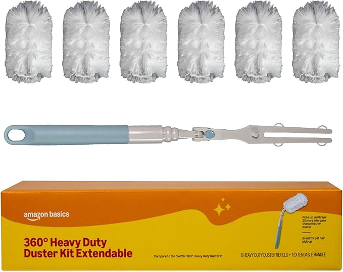 Amazon Basics 360° Heavy Duty Duster Kit Extendable, including 1 Extendable Handle and 6 Plumes Refills