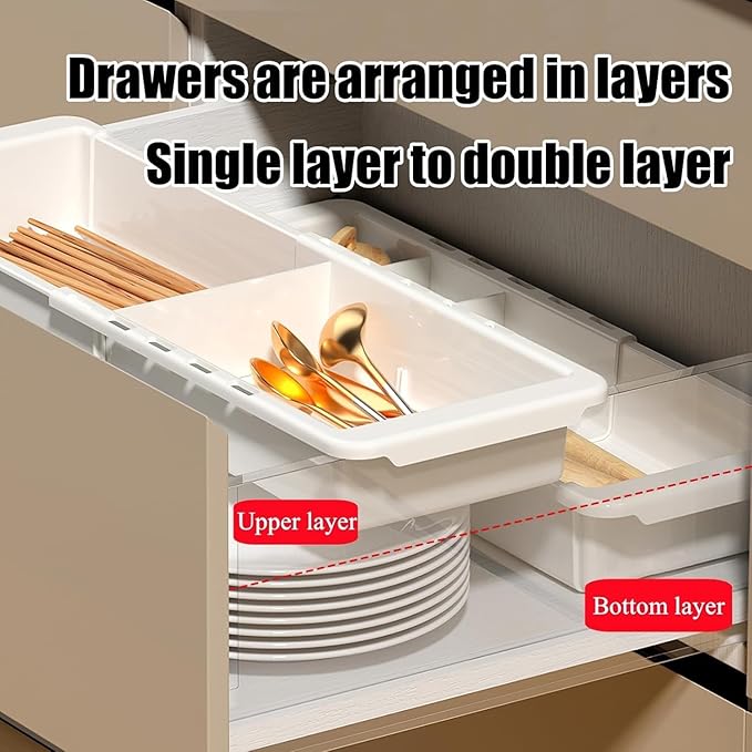 EooUooIP Sliding Drawer Tray with Adjustable Dividers, Expandable Kitchen Storage Organizer, Sliding Drawer Bin, Expandable Drawer Organizer, 2 PCS Drawer Organizer Trays For Utensils, Flatware, Junks